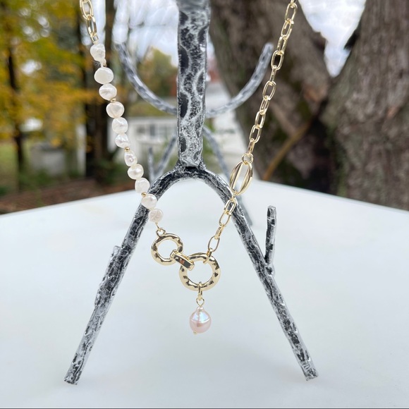 New 18K Gold Plated  Natural  Pearl Circle Link Chain Pendant Choker Necklace - Picture 12 of 14